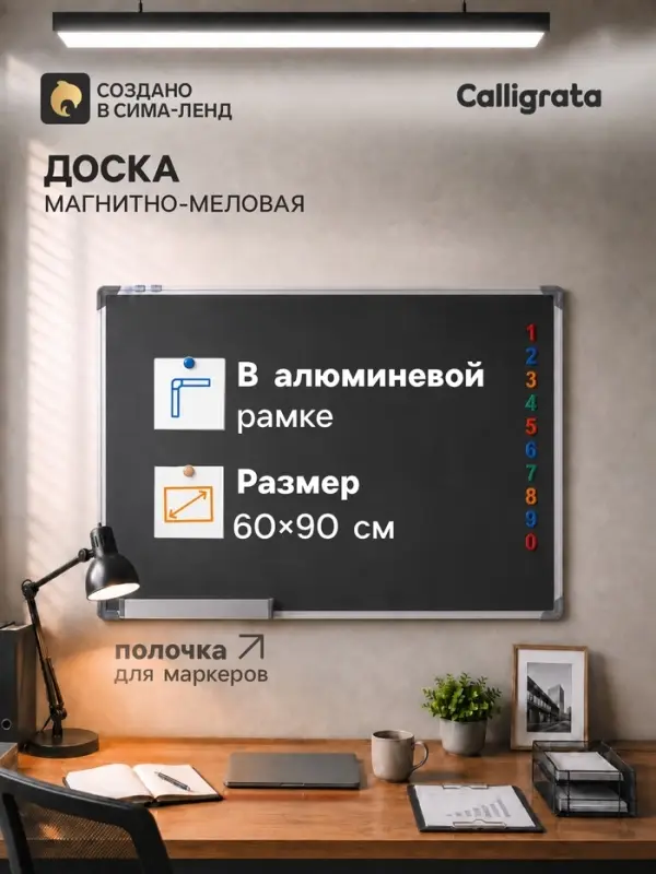 Доска магнитно-меловая Calligrata 60&times;90 см, с полочкой, в алюминиевой рамке