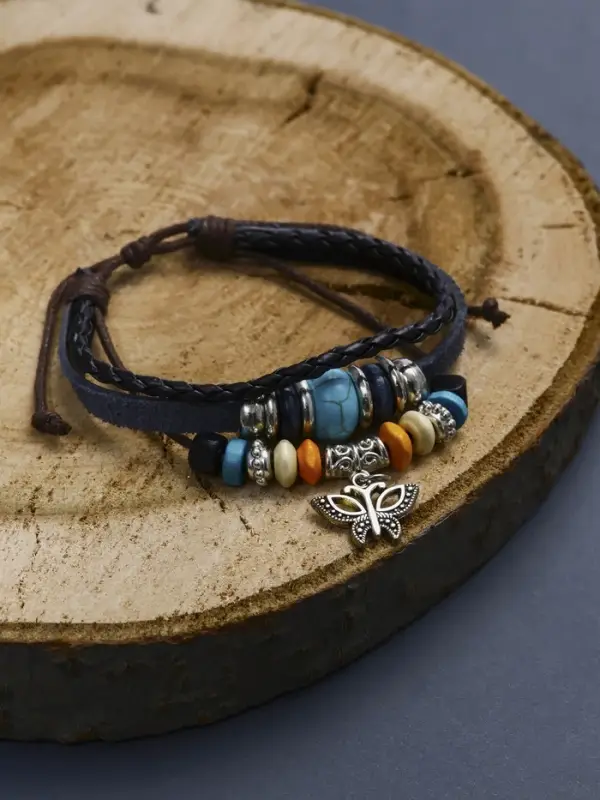 Браслет кожаный с подвеской &laquo;Бабочка и Бусины&raquo;, d=5 см, 3 нити, разноцветный