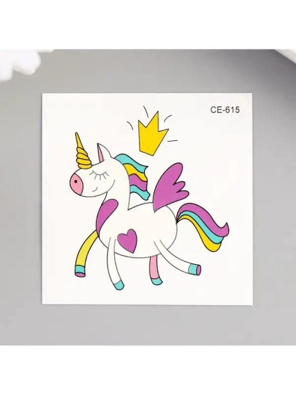 Переводная тату на тело цветная «Единорожек с короной», 6×6 см