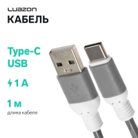 Кабель Luazon, Type-C - USB, 1 А, 1 м, серый