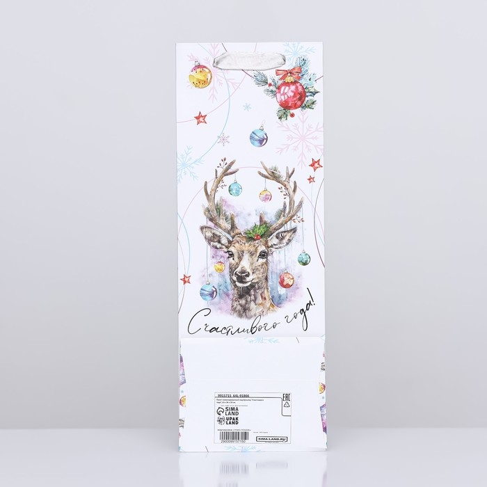 Новый год. Пакет подарочный новогодний ламинированный под бутылку Новый год. Пакет подарочный новогодний ламинированный под бутылку "Счастливого года",13 х 36 х 10 см.