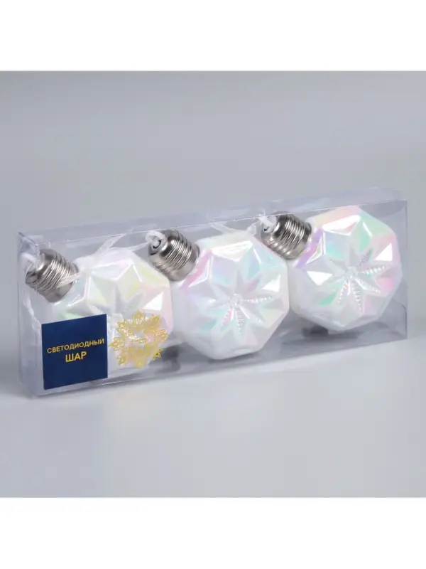 Набор ёлочных шаров &laquo;Изморозь&raquo;, 3 шт., d=7.5 см, 3 LED, от батареек AG13&times;9, свечение тёплое белое