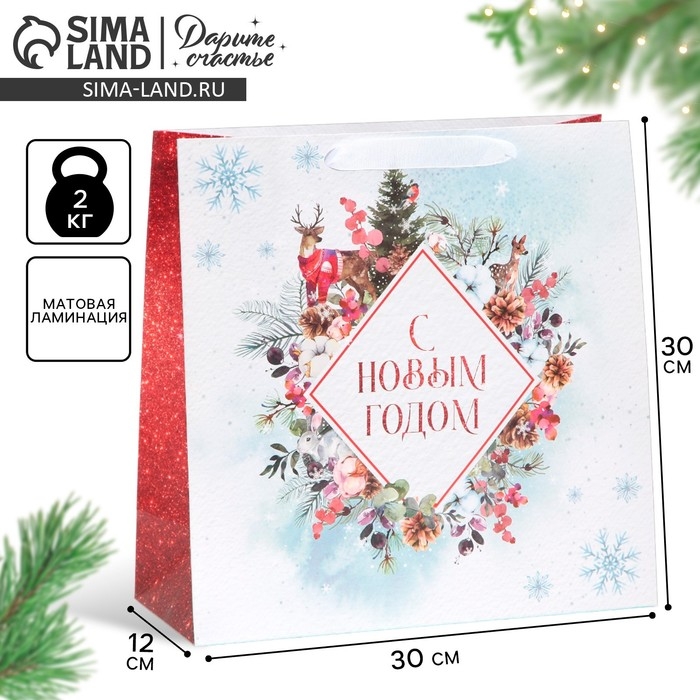 Пакет подарочный новогодний ламинированный квадратный &laquo;Snow&raquo;, 30 х 30 х 12 см, Новый год