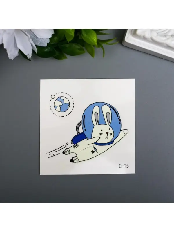 Переводная тату цветная «Зайчик в космосе», временная татуировка светящаяся, 6×6 см