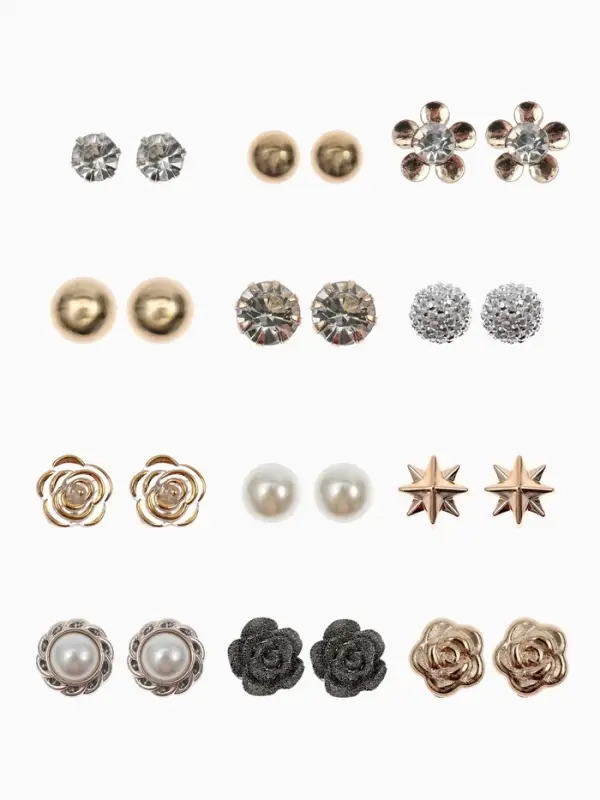 Серьги пусеты 12 пар One year, романтика, бело-серые в золоте