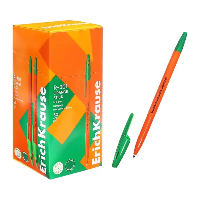 Ручка шариковая ErichKrause R-301 Orange Stick, узел 0.7 мм, чернила зелёные, длина линии письма 2000 метров, штрихкод на ручке