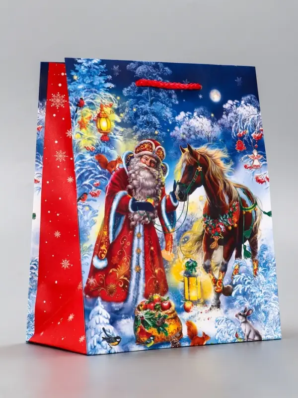 Пакет подарочный новогодний ламинированный, «Дед Мороз с Конём» , 18×10×22.3 см