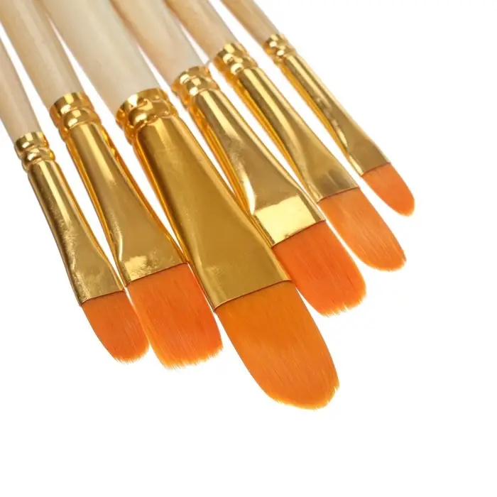 Набор кистей для рисования, синтетика, 6 штук: №2, 4, 6, 8, 10, 12 плоские, закругленные, деревянная ручка, международный размер