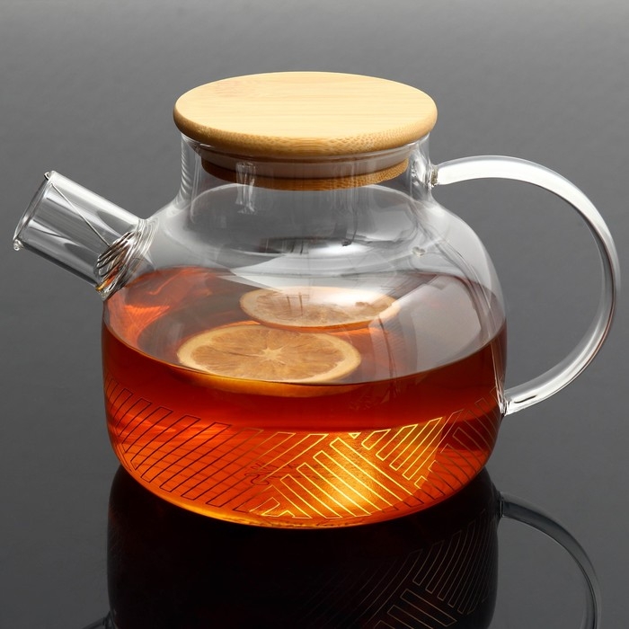 Чайник стеклянный заварочный с бамбуковой крышкой «Геометрия», 1000 мл Чайник стеклянный заварочный с бамбуковой крышкой «Геометрия», 1000 мл