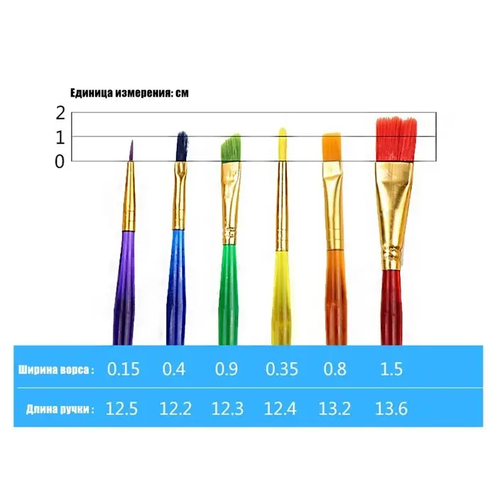 Набор кистей для рисования, синтетика, 6 штук, &laquo;Радуга&raquo;, круглые, плоские