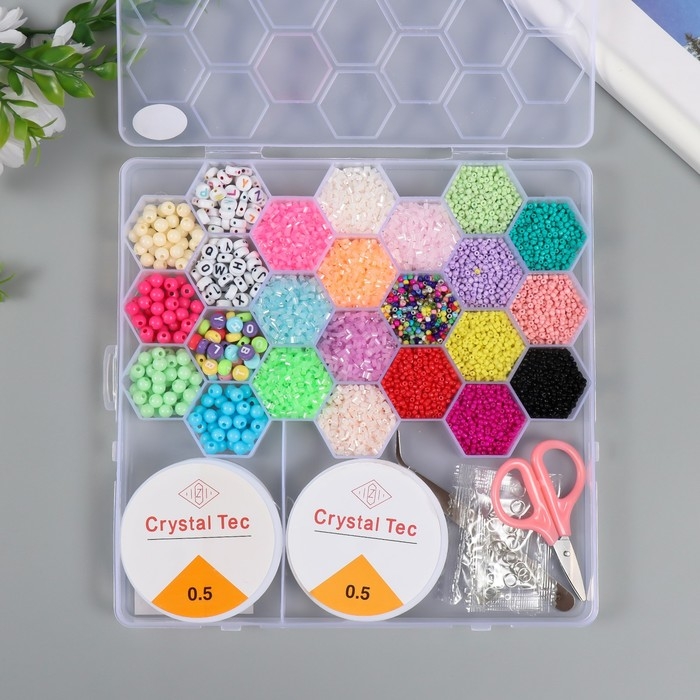 Бисер стекло 8/0, 12/0 в шкатулке  Бисер стекло 8/0, 12/0 в шкатулке "Летний" бусины, леска, ножницы, пинцет 20х20х1,8 см