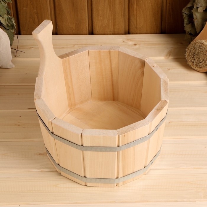 Шайка-ушат, бадья из липы, 5 л, одноручная, нержавеющий обруч, Шайка-ушат, бадья из липы, 5 л, одноручная, нержавеющий обруч, "Добропаровъ"