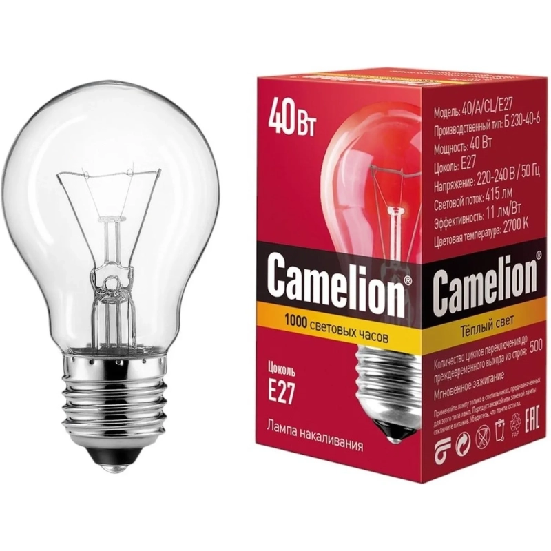 Лампа накаливания Camelion 40/A/CL/E27 40Вт Е27 гр