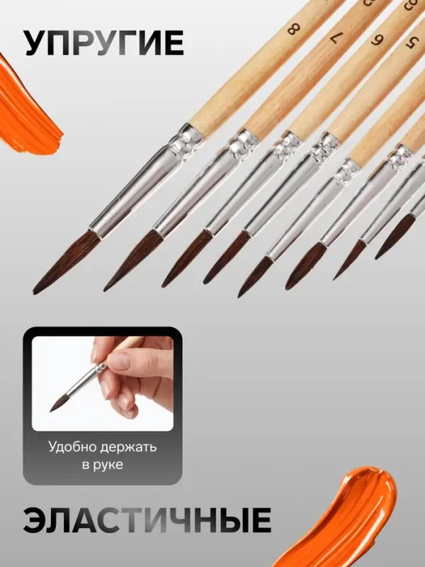 Набор кистей для рисования, белка, 8 штук: № 1, 2, 3, 4, 5, 6, 7, 8, круглые, деревянная ручка, международный размер