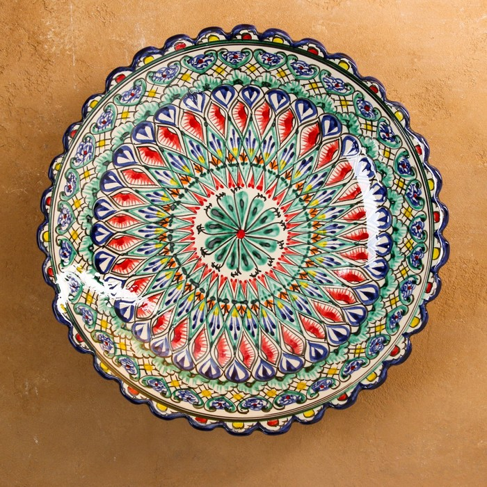 Ляган Риштанская Керамика  Ляган Риштанская Керамика "Цветы", 32 см, синий, рифлёный, глубокий