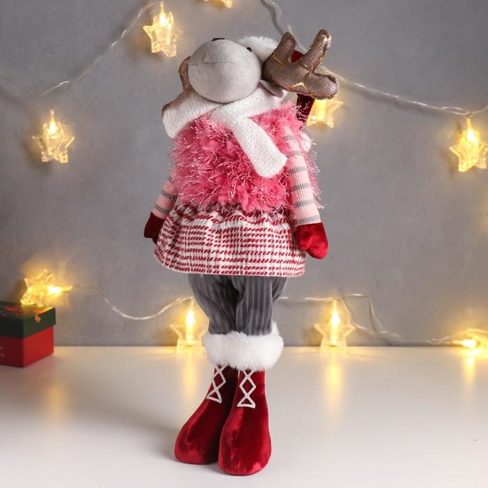 Кукла интерьерная Кукла интерьерная "Лосик в юбочке в клетку, в розовой жилетке-травке" 53х13х18 см