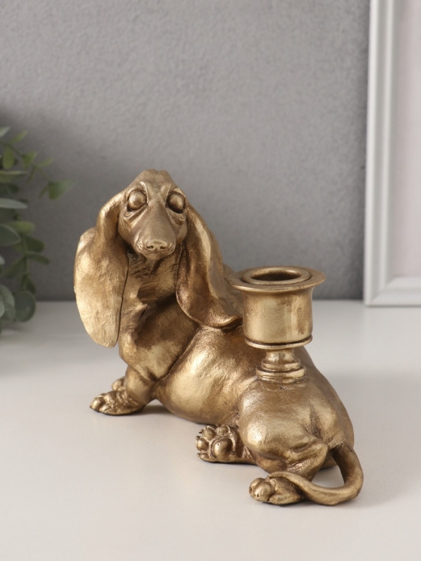 Подсвечник полистоун на 1 свечу "Шарж. Такса" золото 19х11х13 см