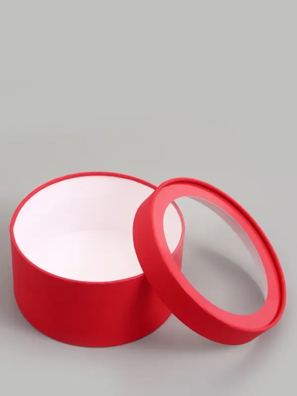 Подарочная коробка круглая, красная, завальцованная с окном, 21&times;11 см