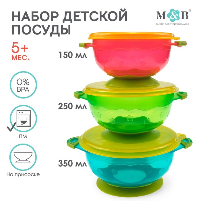 Набор детской посуды для кормления/хранения: миски на присоске, 3 шт.,150, 250, 350 мл. с крышками, от 5 мес. Набор детской посуды для кормления/хранения: миски на присоске, 3 шт.,150, 250, 350 мл. с крышками, от 5 мес.