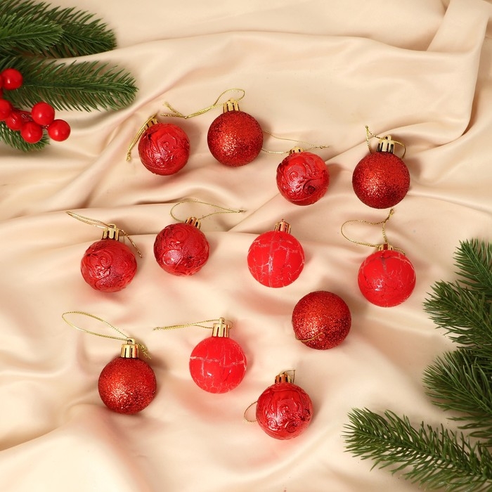 Набор шаров пластик d-4 см, 12 шт Набор шаров пластик d-4 см, 12 шт "Мелодия" треск, красный