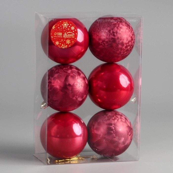 Ёлочные игрушки, шары новогодние , пластик, набор d-7,5 см, 6 шт Ёлочные игрушки, шары новогодние , пластик, набор d-7,5 см, 6 шт "Чары волшебства" красный