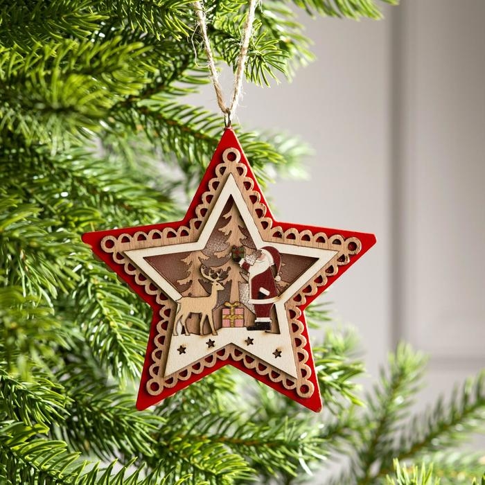 Ёлочная игрушка «Красная звезда с Дедом Морозом», от батареек, свечение тёплое белое Ёлочная игрушка «Красная звезда с Дедом Морозом», от батареек, свечение тёплое белое