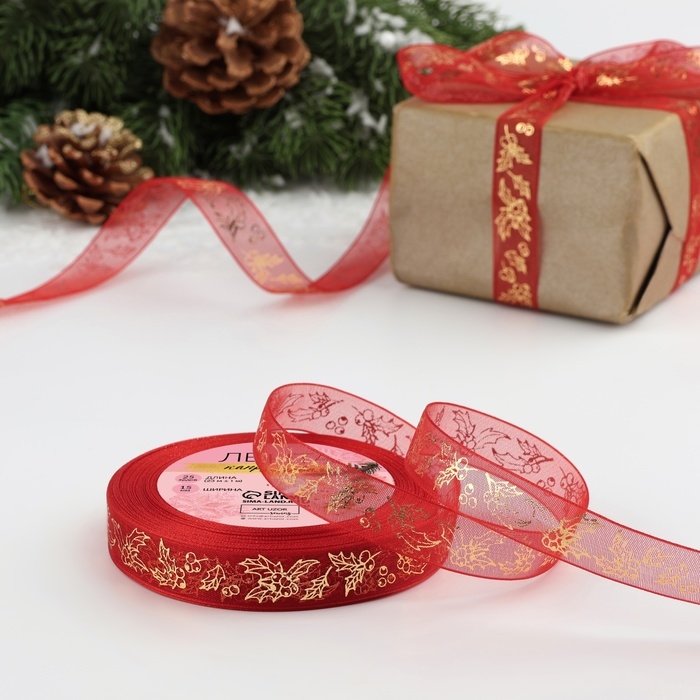 Новый год! Лента капроновая с тиснением «Омела», 15 мм × 23 ± 1 м, цвет красный/золотой Новый год! Лента капроновая с тиснением «Омела», 15 мм × 23 ± 1 м, цвет красный/золотой