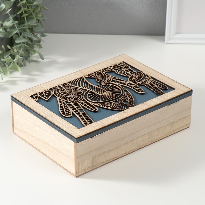 Шкатулка дерево 6 делений "Грибы" бежево-синяя 17х24х7 см