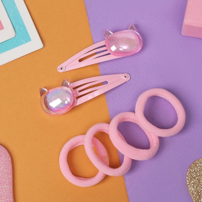 Набор для волос Набор для волос "Розовое чудо" (2 невидимки 5 см, 4 резинки) киска, розовый