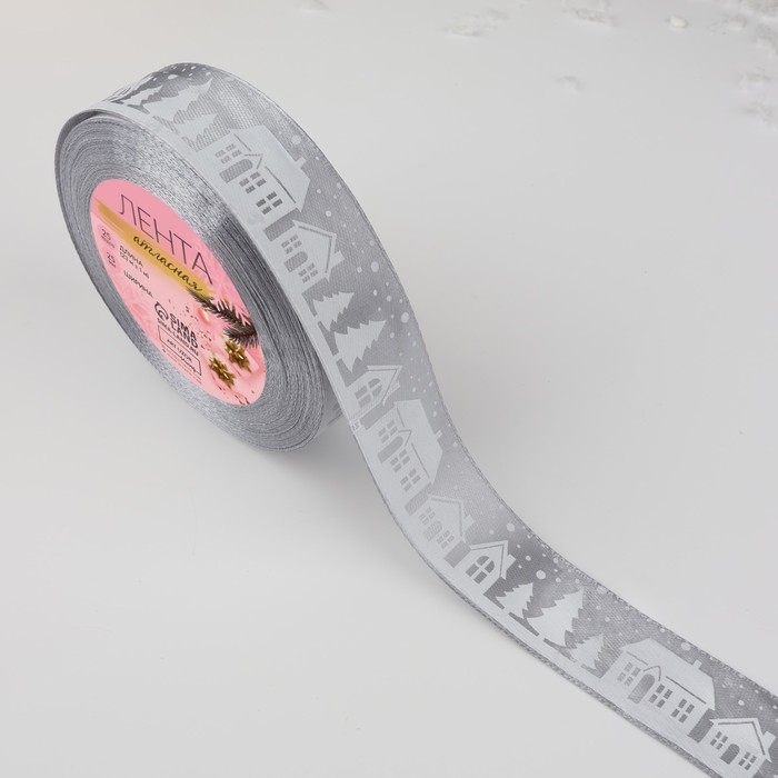 Новый год! Лента атласная «Домики», 25 мм, 23 ± 1 м, цвет серый №59 Новый год! Лента атласная «Домики», 25 мм, 23 ± 1 м, цвет серый №59