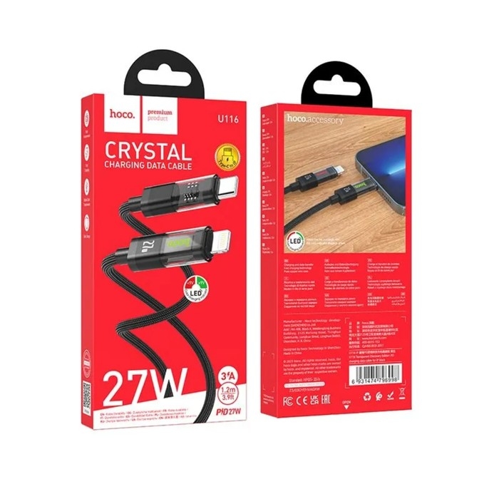 Кабель Hoco U116, Type-C - Lightning, 1.2 м,прозрачный,быстрая зарядка,оплётка нейлон,чёрный Кабель Hoco U116, Type-C - Lightning, 1.2 м,прозрачный,быстрая зарядка,оплётка нейлон,чёрный