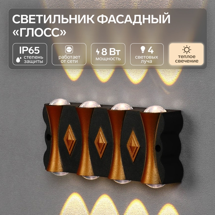 Светильник фасадный «Глосс», FSD-044, 8 Вт, 3000К, 4 луча, IP65, 220 В, пластик, черный Светильник фасадный «Глосс», FSD-044, 8 Вт, 3000К, 4 луча, IP65, 220 В, пластик, черный