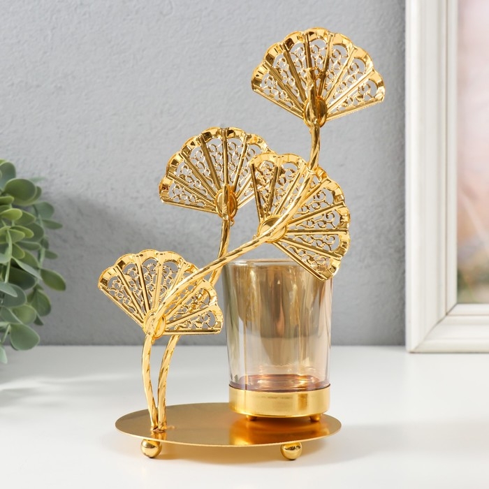 Подсвечник металл, стекло на 1 свечу Подсвечник металл, стекло на 1 свечу "Цветы-веера" d=4,7 см, золото 16,7х8х21,5 см