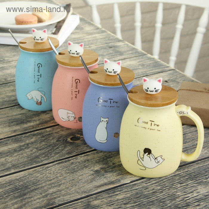 Кружка керамическая с деревянной крышкой и ложкой «Котик», 500 мл, цвет и рисунок МИКС Кружка керамическая с деревянной крышкой и ложкой «Котик», 500 мл, цвет и рисунок МИКС