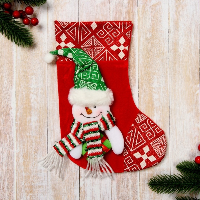 Носок для подарков Носок для подарков "Подарочек" Снеговик, 18х25 см, красно-зелёный