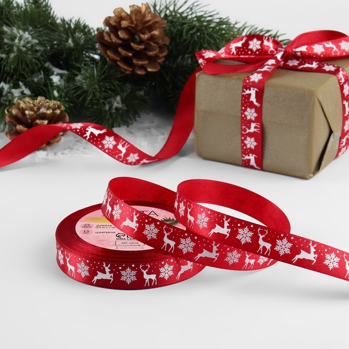 Новый год! Лента атласная «Олени», 15 мм, 23 ± 1 м, цвет красный №33 Новый год! Лента атласная «Олени», 15 мм, 23 ± 1 м, цвет красный №33