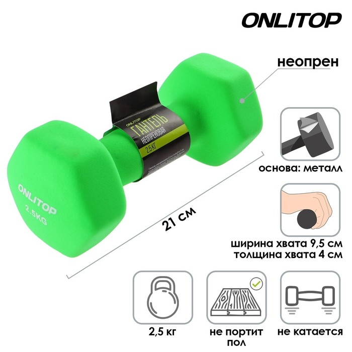 Гантель неопреновая ONLITOP, 2,5 кг, цвета МИКС Гантель неопреновая ONLITOP, 2,5 кг, цвета МИКС