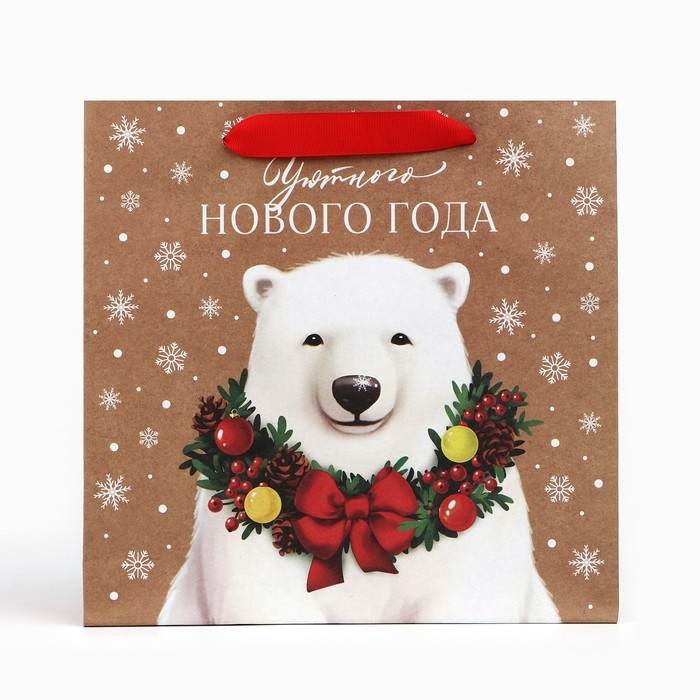 Пакет подарочный новогодний крафтовый квадратный «Новогодний мишка», 22 х 22 х 11 см, Новый год