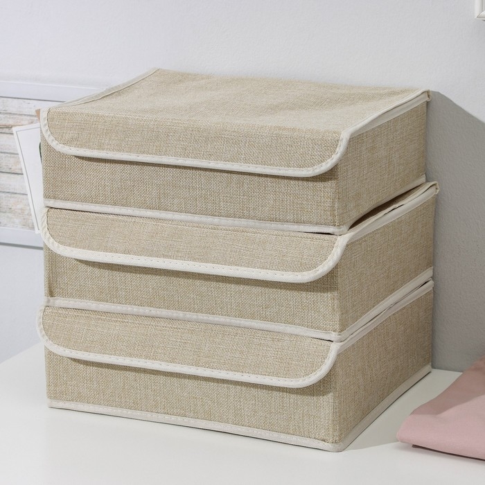 Органайзеры для хранения белья «Пастель», 3 шт, с крышкой, 31,5×25×10 см, цвет бежевый Органайзеры для хранения белья «Пастель», 3 шт, с крышкой, 31,5×25×10 см, цвет бежевый