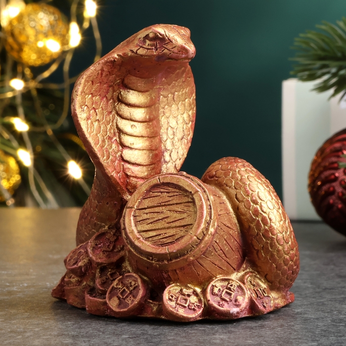 Фигура Фигура "Змея на деньгах с бочкой" бордовый с позолотой, 6х6х5см
