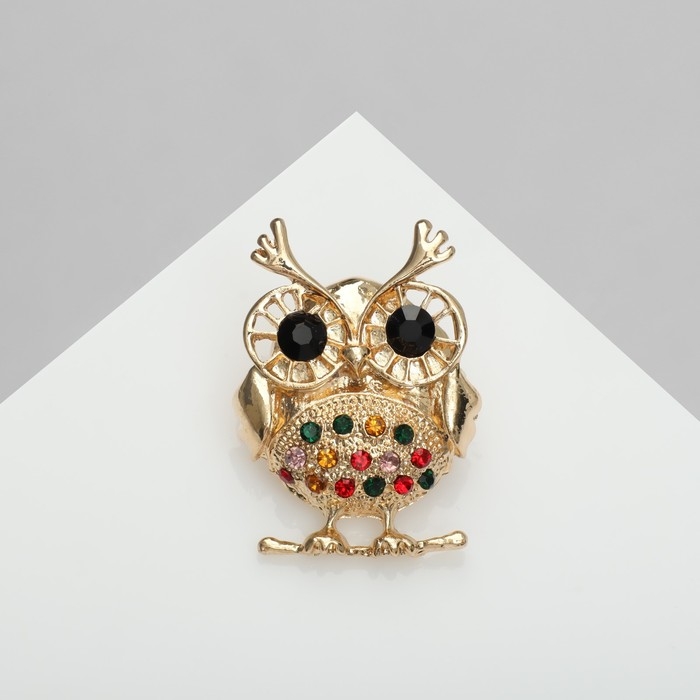 Брошь «Филин» круглый, цветная в золоте