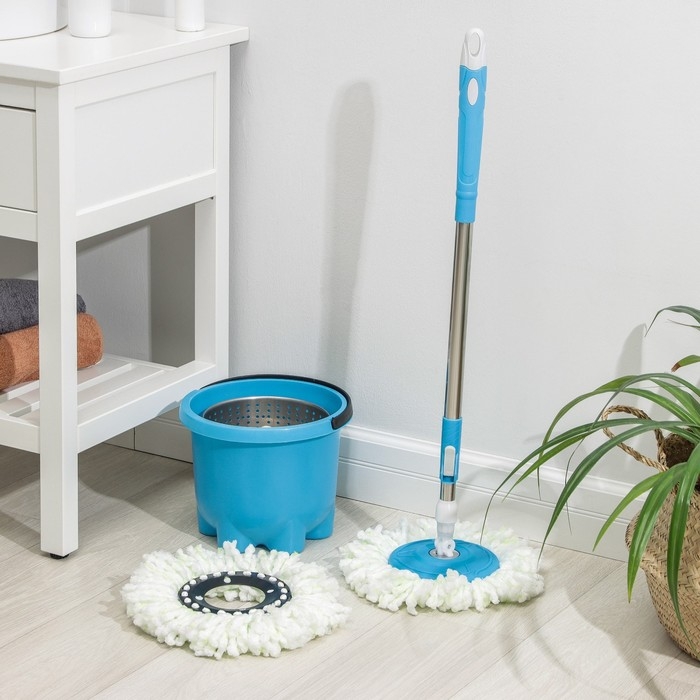 Швабра с отжимом и ведро: ведро с металлической центрифугой 7,2 л, швабра с телескопическим черенком 76-105 см, запасная насадка из микрофибры, цвет МИКС Швабра с отжимом и ведро: ведро с металлической центрифугой 7,2 л, швабра с телескопическим черенком 76-105 см, запасная насадка из микрофибры, цвет МИКС