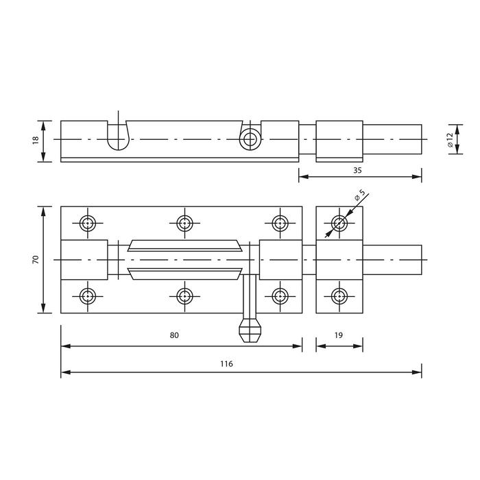 Задвижка дверная, 80 мм по основанию, под навесной замок, оцинкованная