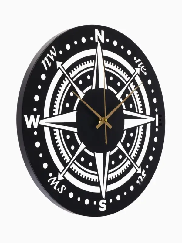 Часы настенные интерьерные &laquo;Компас&raquo;, бесшумные, плавный ход, d=40 см, металл, чёрные