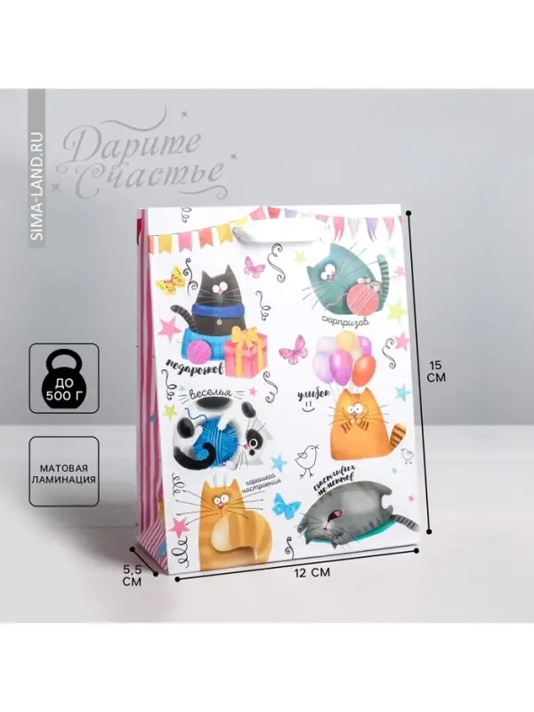 Пакет подарочный ламинированный, упаковка, &laquo;Забавные коты&raquo;, S 12 х 15 х 5.5 см