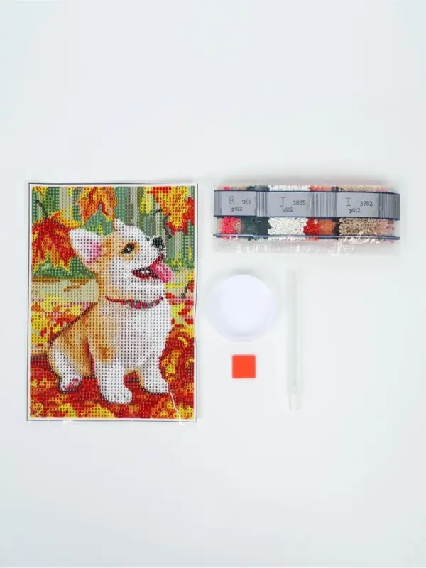 Алмазная мозаика с полным заполнением на холсте &laquo;Щенок и осень&raquo;, 15&times;21 см