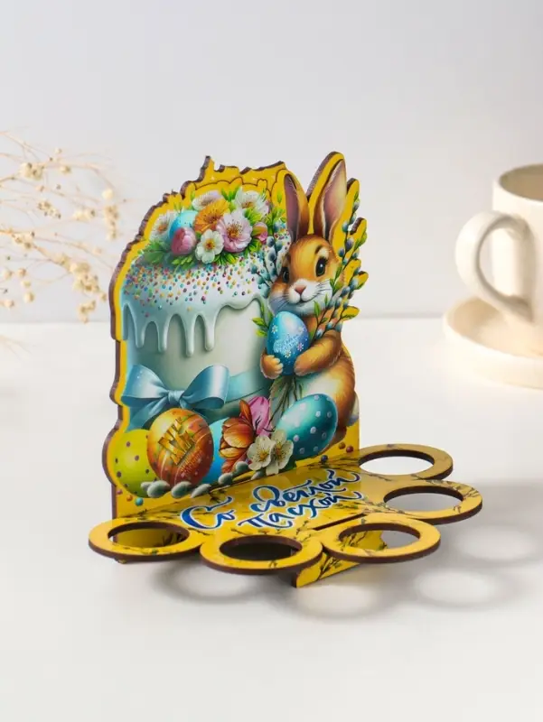 Подставка пасхальная на 5 яиц "Зайка" желтая.   17х14х10 см
