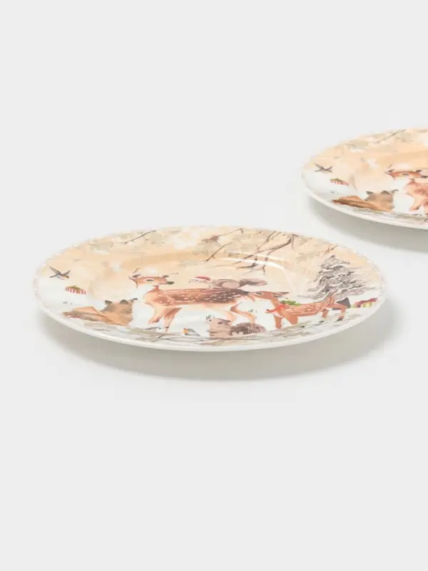 Набор тарелок новогодних «Лесное чудо», 2 шт., d=19 см, керамика, подарочная упаковка, бежевый Набор тарелок новогодних «Лесное чудо», 2 шт., d=19 см, керамика, подарочная упаковка, бежевый