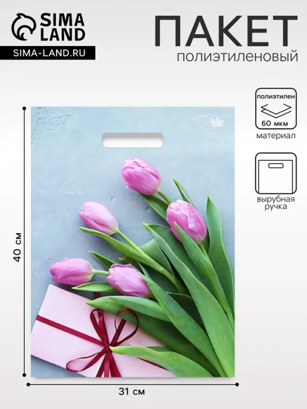 Пакет &laquo;Тюльпаны в подарок&raquo;, полиэтиленовый, с вырубной ручкой, 31&times;40 см, 60 мкм