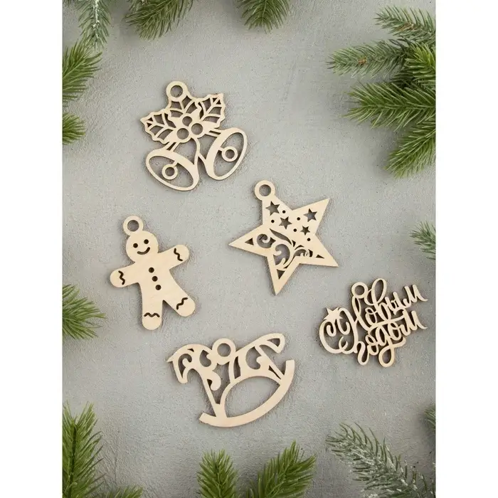 Ёлочные игрушки деревянные в коробке, набор 15 шт.